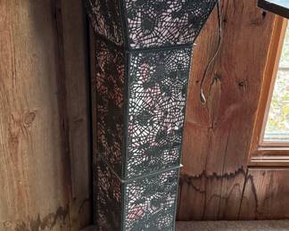 Metal "Spiderweb" Cut Out Pedestal Table With Glass Backing.