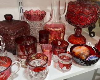 1800's spooners (I use one of these everyday for my coffee spoon), tiny glasses, gorgeous Ruby Red candy dish.  These make the perfect birthday gift filled with candy. 