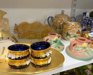 Hull Pottery Candlesticks, 1920's Trico Japan lusterware cream and sugar, Cobalt blue and enameled salts.  