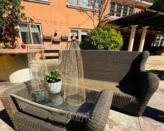 All weather, Wicker sofa, coffee, table, and chairs