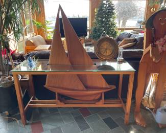 . . . a commissioned sofa table with teak sailboat -- one-of-a-kind statement pieced -- magnificent
