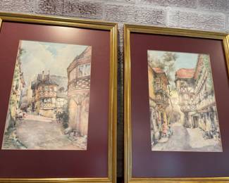 Set of four framed European prints. 