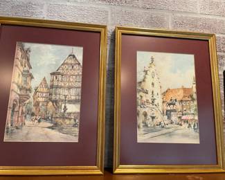 Set of four framed European prints. 