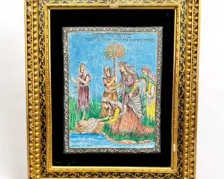 Antique Persian Art - hand painted enamel on copper in Italian frame