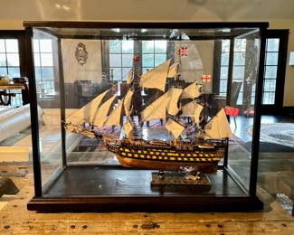 "HMS Victory" British Royal Navy model ship in glass display case. (Ship length 32")