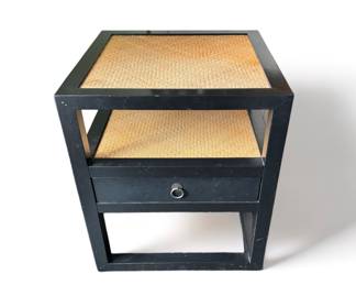 Black lacquer and rattan table with drawer