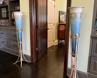 Pair of Blue Toile Flower Stands
