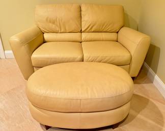 Pale Yellow Leather Loveseat and Ottoman