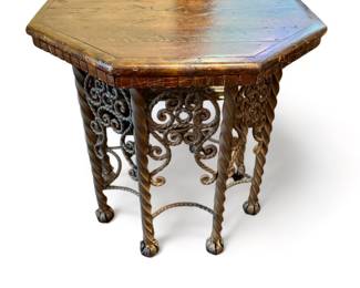 Antique octagonal wooden top table with metal base