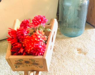 Cute Wheelbarrow Decor / Vintage Glass Bottle