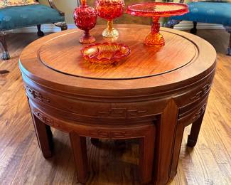 Oriental Table with Stools, Colored Glass