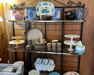 Large Bakers Rack with Wine Rack, Pitchers, Dinnerware Set, Cake Stands, etc.