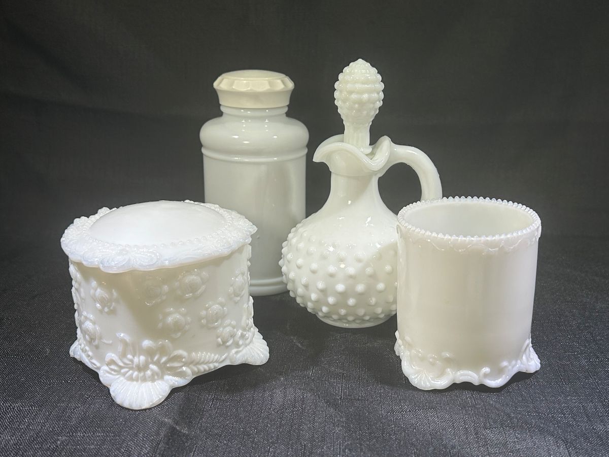 Vintage Avon Hobnail Milk Glass Perfume Cruet, Fostoria Jenny Lind Milk Glass Trinket/ Powder Box