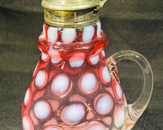 Antique White Opalescent Coin Spot Cranberry Art Glass Syrup Pitcher