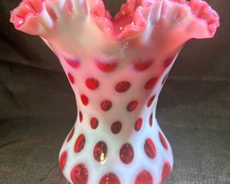 Fenton Cranberry Pink Opalescent Coin Dot Spot Vase 