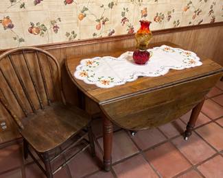 Antique 5-Leg Drop Leaf Table and Spindle Back Chair