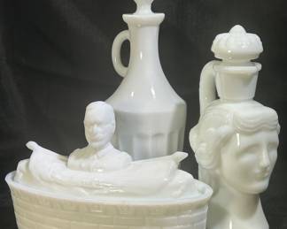 Admiral George Dewey Spanish American War Commemorative Trinket Box, Avon Milk Glass Grecian Style Pitcher With Stopper. Vintage White Milk Glass Paneled Cruet with Stopper