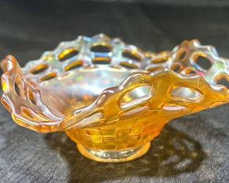 Marigold Carnival Glass Basket Weave Bonbon Bowl with Lace Top