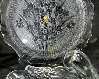 Jeannette Glass "Iris & Herringbone" Dinner Plate, Art Glass Swan Candy/ Trinket Dish