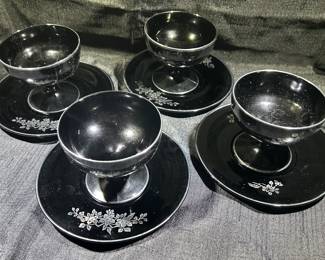 Hazel Atlas Black Amethyst Stemmed Sherbert Dishes & Saucers w/ Silver Overlay
