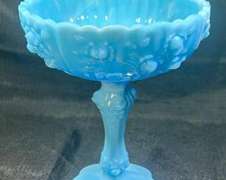 Fenton Blue And White Slag Glass Cabbage Rose Pedestal Compote/Candy Dish