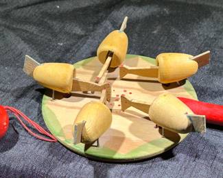 Vintage Carved Wood Pecking Chickens Paddle Weighted Folk Art Toy