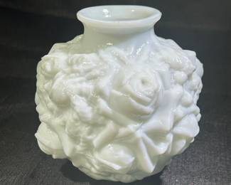 Imperial Glass White Matte Milk Glass Raised Relief Rose Design Vase