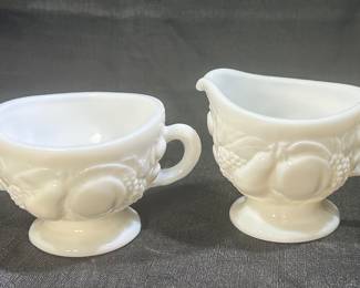 Vintage Westmoreland Milk Glass  Creamer and Sugar Bowl/ Lid - Raised Fruit Pattern