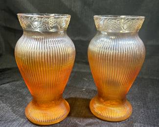 Vintage Marigold Amber Carnival Glass Iridescent Vases