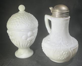 Vintage Milk Glass Syrup Pitcher,  Vintage Avon Milk Glass Pedestal Compote 