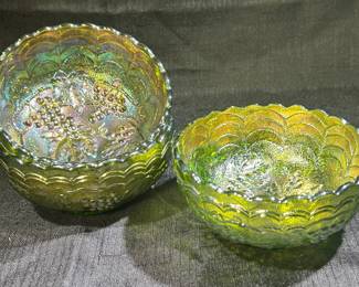 Imperial Glass Company Green Carnival Glass "Grape" Pattern Bowls