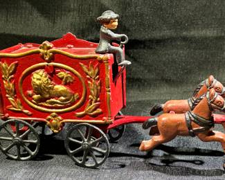 Vintage Cast Iron Toy Horse Drawn Circus Wagon With Driver