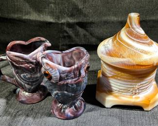 Imperial Purple Slag Glass Owl Sugar/Creamer and Caramel Slag Glass Honey Pot