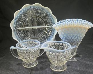 Hobnail Opalescent Moonstone Divided Glass Dish, Creamer/ Sugar Bowl and Vase