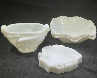 Vintage Imperial Milk Glass Grapes and Leaf  Vanity Soap Dish, MacBeth-Evans Swan Song Open Sugar Bowl,  Atlas Square Milk Glass Dishes - Ruffled Edges
