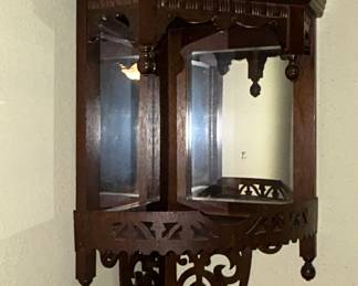 Antique Wooden Gothic Ornate Carved Double Wall Corner Mirror Display Shelf Unit