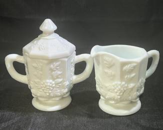 Westmoreland Milk Glass Creamer and Sugar Bowl/ Lid - Grape Pattern