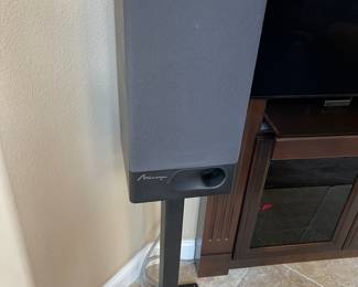 Several Mirage speakers on pedastle bases