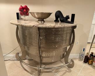 Brushed Metal Art Deco Half Moon Bar with Granite Top