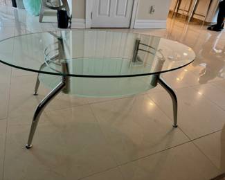 Mid century vibe, double tiered, coffee table with frosted half-inch glass