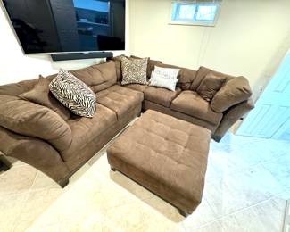 Cindy Crawford Brown Suede Sectional with Ottoman