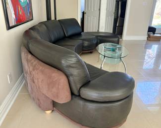 Mid modern S-Shaped 3 piece Sectional With Brown Accented sueded back and Ottoman (