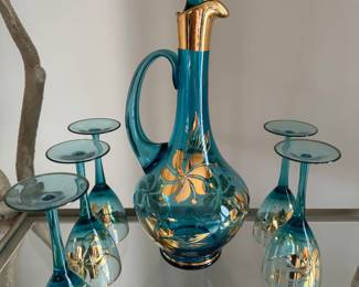 Vintage Hungarian Teal Blue Decanter and Glass Set