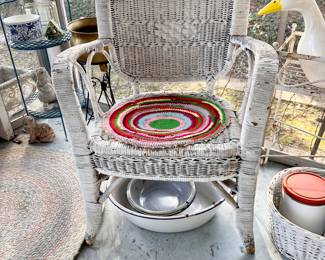 Several wicker chairs.