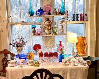 Table full of beautiful glass.  Yes, all washed by hand!!!!!