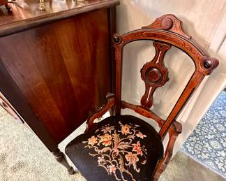 Needlepoint Victorian chairs, one of two.