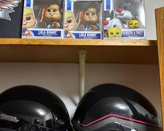 motorcycle helmets, pop figures