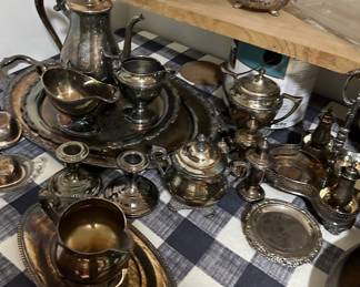 Silver plate tea sets and serving pieces and flatware sets