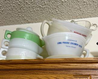 Milk glass and jadeite grapefruit reamers, Long Prairie vintage advertising bowl