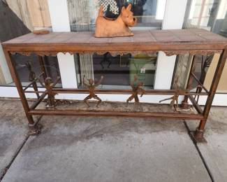 Handmade heavy table tiled on top and cast iron